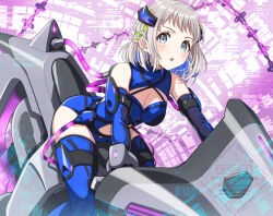 1girl bare_shoulders blue_bodysuit blue_eyes blue_gloves blue_thighhighs blush bodysuit braid breasts cleavage cleavage_cutout clothing_cutout cockpit elbow_gloves gakuen_idolmaster gloves green_ribbon grey_hair hair_ribbon half_up_braid idolmaster katsuragi_lilja looking_at_viewer mecha mecha_pilot_suit medium_breasts multicolored_bodysuit open_mouth ribbon ribbon_braid robot science_fiction short_hair skin_tight solo thighhighs urabi_(tomatohouse)