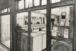 absurdres glass_door highres ibsukionsen indoors interior laundromat laundry no_humans original scenery sliding_doors washing_machine window yen_sign