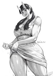 Rule 34 | 1girl, artist name, black hair, blush, breasts, broken tooth, chipped tooth, commentary, cowboy shot, dress, dungeon meshi, english commentary, greyscale, highres, horns, inutade, large breasts, looking at viewer, low twintails, mole, mole under eye, monochrome, oni, open mouth, robusta mania, skin-covered horns, skirt hold, sleeveless, sleeveless dress, smile, solo, twintails, wading, water, wet, wet clothes, wet dress, wringing clothes, wringing dress
