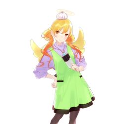 1girl ama_mitsuki angel_wings apron black_pantyhose blonde_hair chocolate green_apron halo jewelry necklace pantyhose purple_shirt shirt twintails uchi_no_hime-sama_ga_ichiban_kawaii uriela_(uchihime) wings