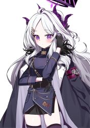 1girl absurdres ahoge armband black_coat black_gloves black_halo black_skirt black_thighhighs blue_archive blush breasts coat coat_on_shoulders demon_girl demon_horns gloves halo highres hina_(blue_archive) horns jinggun long_hair looking_at_viewer purple_eyes red_armband simple_background skirt small_breasts solo thighhighs white_background white_hair