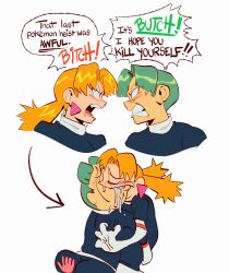 Rule 34 | 1boy, 1girl, angry, arrow (symbol), black jacket, butch (pokemon), cassidy (pokemon), clenched teeth, commentary, earrings, english text, green hair, hetero, highres, jacket, jewelry, kiss, long hair, lynn (daisiloou), meme, nintendo, open mouth, pokemon, pokemon (anime), pokemon (classic anime), profanity, saliva, shirt, short hair, simple background, slap mark, speech bubble, team rocket, teeth, tongue, white background, white shirt, yoshi and toad kissing (meme)