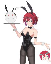 1girl amate_yuzuriha animal_ear_hairband animal_ears black_bow black_bowtie black_leotard black_pantyhose bow bowtie breasts chinese_commentary commentary_request detached_collar fake_animal_ears green_eyes gundam gundam_gquuuuuux hairband haro index_finger_raised leotard looking_at_viewer medium_breasts pantyhose playboy_bunny rabbit_ears rabbit_tail red_hair scp_049 short_hair simple_background solo strapless strapless_leotard tail thighband_pantyhose tray white_background wrist_cuffs