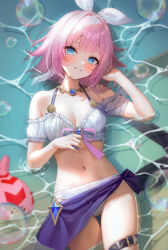 Rule 34 | 1girl, alternate costume, bad id, bad twitter id, bare shoulders, bikini, blue eyes, blush, breasts, commentary, cyrene (honkai: star rail), hanato (seonoaiko), hand up, highres, honkai: star rail, honkai (series), jewelry, looking at viewer, lying, navel, necklace, on back, partially submerged, pink hair, pink pupils, purple sarong, sarong, short hair, small breasts, smile, solo, stomach, swimsuit, thighs, white bikini