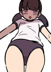 1girl black_buruma black_hair blush buruma flat_chest from_below gym_uniform kai_ooo1 looking_at_viewer low_twintails name_tag open_mouth original pink_eyes shirt short_hair short_sleeves sketch standing sweat teeth twintails white_background white_shirt