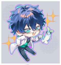 1boy aqua_eyes aqua_sweater_vest armband blue_hair blue_necktie blue_pants border brown_shoes chibi coat full_body glasses gloves grey-framed_eyewear grey_background grey_shirt hand_on_own_hip highres holding holding_polearm holding_weapon lab_coat leos_vincent leos_vincent_(1st_costume) male_focus mameneko_(leos_vincent) mizuiro_lansu necktie nijisanji pants pinstripe_pants pinstripe_pattern polearm purple_armband shirt shoes short_hair smile solo sparkle teeth tie_clip upper_teeth_only virtual_youtuber weapon white_border white_coat white_gloves