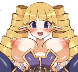 1girl alternate_breast_size archer_(disgaea) blonde_hair blue_eyes breasts breasts_out disgaea dismania_(xenoman) happy huge_breasts huge_nipples large_areolae large_breasts looking_at_viewer nipples pointy_ears puffy_nipples solo topless_female twintails
