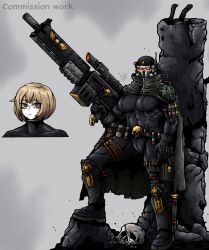 Rule 34 | 1girl, assassin, belt, black bodysuit, black eyes, bodysuit, cloak, commission, exitus rifle, gun, highres, light brown hair, octosoup, officio assassinorum, rifle, rubble, scar, skull, sniper rifle, solo, vindicare assassin, warhammer 40k, weapon