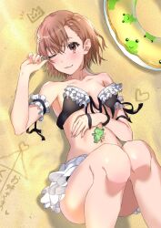 1girl ;) beach bikini black_bikini brown_eyes brown_hair coin gekota hair_ornament hairclip highres holding holding_coin knees_up looking_at_viewer lying maid maid_bikini misaka_mikoto on_back one_eye_closed short_hair sioo_1029 smile solo swimsuit toaru_kagaku_no_railgun toaru_majutsu_no_index unconventional_maid untied_bikini_top
