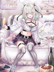 Rule 34 | 1girl, alto seneka, asymmetrical legwear, belt, blue eyes, blue hair, blush, box, breasts, cake, champagne flute, cleavage, collar, cup, drinking glass, eyes visible through hair, food, gift, gift box, grey hair, highres, indoors, long hair, looking at viewer, medium breasts, midriff, multicolored hair, navel, open mouth, original, over-kneehighs, purple collar, single over-kneehigh, single thighhigh, sitting, skirt, solo, streaked hair, thighhighs