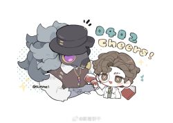 2boys alcohol arm_tattoo black_hat black_mask blush_stickers book brown_eyes brown_hair brown_vest button_eyes buttons chibi chinese_commentary coat collared_coat collared_shirt collared_vest colored_skin commentary commentary_request cropped_torso cross_pin cup drink drinking_glass dual_persona english_commentary green_necktie grey_hair grey_skin grey_vest halftone happy hat height_difference holding holding_drink identity_v jewelry lapels long_hair long_sleeves looking_at_another male_focus mixed-language_commentary monocle multiple_boys musical_note musical_note_tattoo musical_staff necklace necktie nightmare_(identity_v) notched_lapels notice_lines open_clothes open_coat open_mouth orpheus_(identity_v) parted_bangs pill plague_doctor_mask round_eyewear shirt short_hair simple_background smile sparkle stitches sumei_binggan tattoo thick_eyebrows three-quarter_sleeves tie_clip top_hat torn_clothes torn_hat torn_sleeves twitter_username very_long_hair vest watermark weibo_watermark white_background white_coat white_shirt wine wine_glass