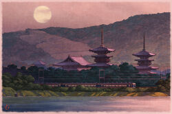 architecture east_asian_architecture evening forest lake landscape mountain mugumo_24k nature no_humans orange_sky original outdoors pagoda real_world_location scenery sky sun sunset temple train