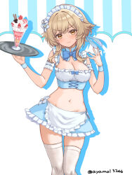 1girl alternate_costume apron ayamal_(mainichi_ryokucha) blonde_hair blue_bow blue_bowtie blue_nails blue_skirt blue_wrist_cuffs blush bow bowtie breasts cleavage closed_mouth commentary_request drop_shadow enmaided fingernails flower frilled_apron frilled_hairband frills genshin_impact hair_flower hair_ornament hairband hands_up highres holding holding_tray looking_at_viewer lumine_(genshin_impact) maid maid_headdress medium_breasts nail_polish navel no_panties short_hair_with_long_locks simple_background skirt smile solo thighhighs tray waist_apron white_apron white_background white_flower white_hairband white_thighhighs wrist_cuffs yellow_eyes
