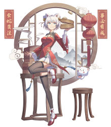 1girl :q absurdres black_thighhighs blue_eyes breasts chair character_request china_dress chinese_clothes chinese_commentary commentary_request copyright_request dress food full_body highres holding lantern mountain paper_lantern red_shoes shengkai167 shoes short_hair skirt small_breasts smile solo standing standing_on_one_leg steamed_bun table thighhighs tongue tongue_out virtual_youtuber white_hair white_skirt