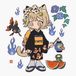 Rule 34 | 1girl, animal ear fluff, animal ears, bell, black kimono, black sandals, blonde hair, blue flower, blush stickers, cat ears, cat girl, cat tail, closed mouth, commentary, fish, flower, food, fruit, full body, hair bell, hair ornament, highres, holding lamp, japanese clothes, kimono, long sleeves, obi, okobo, original, platform sandals, sandals, sash, short hair, simple background, socks, solo, standing, tabi, tail, watermelon, white background, white socks, wide sleeves, yellow eyes, yellow sash, zettai 22