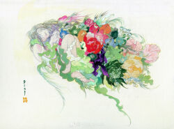 1girl artist_name barefoot blue_flower closed_eyes curled_up floral_background flower full_body goincircles green_flower highres knees_up long_hair lying on_side original own_hands_together pink_flower plant red_flower signature solo too_many_flowers traditional_media yellow_flower