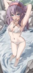 1girl absurdres armpits arms_behind_head blue_eyes blush bow bow_panties bra breasts commentary commission earrings english_commentary headband highres jewelry long_hair navel necklace original panties purple_hair red_headband scarlet_(wv0102) solo standing underwear underwear_only water white_bra white_panties