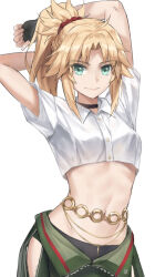 1girl arms_up belly_chain black_gloves blonde_hair braid breasts choker collared_shirt crop_top fate/apocrypha fate_(series) fingerless_gloves gloves green_eyes green_pants hair_ornament hair_scrunchie half_up_braid highres jewelry long_hair looking_at_viewer midriff mordred_(fate) mordred_(fate/apocrypha) navel pants parted_bangs ponytail red_scrunchie scrunchie shirt short_sleeves sidelocks simple_background small_breasts smile solo tonee white_shirt