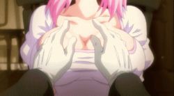 1girl animated animated_gif assisted_exposure betsu_ni_anta_no_tame_ni_ookikunattanjanaindakara_ne!! bouncing_breasts breasts butler chichinoya cleavage clothes_pull gloves groping hetero indoors large_breasts lowres medium_breasts medium_hair nipples no_bra okisada_kaoru pink_hair shirt shirt_pull short_hair short_sleeves undressing white_gloves