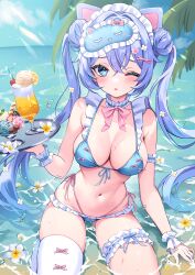 Rule 34 | 1girl, absurdres, bare shoulders, beach, bikini, blue bikini, blue eyes, blue hair, blush, breasts, cleavage, collarbone, detached collar, double bun, eneru (enepuni), flower, food, glasses, hair bun, highres, holding, holding tray, ice cream, large breasts, navel, ocean, one eye closed, original, palm tree, sand, single thighhigh, sleep mask, solo, sweat, sweatdrop, swimsuit, thighhighs, tray, tree, twintails, wet, white thighhighs, wrist cuffs
