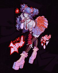 1girl absurdres aqua_eyes artist_collaboration artist_name bandaid bandaid_hair_ornament bandaid_on_face bandaid_on_nose bead_bracelet beads bend black_gloves black_nails black_thighhighs boots bracelet breasts camisole chain chain_earrings checkered_clothes checkered_skirt cleavage closed_mouth collar collarbone colored_skin commentary dark_background ear_piercing elliemaplefox english_commentary fang fang_out finger_heart fingerless_gloves full_body gloves grey_skin hair_ornament half-closed_eyes hand_up high_heels highres jewelry large_breasts long_hair looking_at_viewer necktie original piercing pink_arm_warmers pink_boots pink_camisole purple_background purple_collar purple_hair purple_skirt red_arm_warmers red_necktie reddsiram safety_pin_earring single_fingerless_glove skirt skull_hair_ornament smile solo spiked_bracelet spiked_collar spikes spoken_broken_heart striped_arm_warmers striped_necktie thighhighs twintails