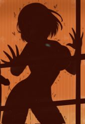 1boy 1girl aftersex against_glass breasts chest_jewel core_crystal_(xenoblade) cowboy_shot cum cum_string fuzzlogik glowing heart hetero highres large_breasts motion_lines nude orange_background penis pyra_(xenoblade) short_hair silhouette solo_focus trembling xenoblade_chronicles_(series) xenoblade_chronicles_2