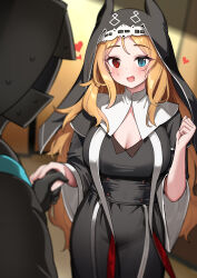 1girl 1other absurdres animal_ear_fluff archetto_(arknights) archetto_(glory_of_the_devout)_(arknights) arknights black_dress black_gloves black_hood blue_eyes breasts cleavage commentary_request dishui_tangni doctor_(arknights) dress gloves heart heterochromia highres holding_hands large_breasts long_hair nun official_alternate_costume open_mouth orange_hair red_eyes sweatdrop very_long_hair
