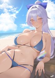 1girl absurdres bare_shoulders beach bikini blue_bikini blue_bow blue_sky blush bow breasts cleavage collarbone fate/grand_order fate_(series) hair_between_eyes hair_bow highres kurozawa_yui large_breasts long_hair looking_at_viewer navel ponytail red_eyes shore sky solo swimsuit thighs tomoe_gozen_(fate) white_hair