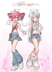 2girls arm_warmers artist_name bag belt belt_chain blush boots colored_eyelashes commentary crop_top denim denim_shorts denim_skirt drill_hair ear_piercing earbuds earphones english_commentary english_text fang full_body gloves halo hand_on_own_head hand_on_own_hip highres holding holding_hands holding_phone ianxy2 jewelry kasane_teto leg_warmers long_hair mini_wings multiple_girls navel necklace open_mouth parted_bangs pearl_necklace phone piercing pink_hair pom_pom_(clothes) red_eyes shirt short_sleeves shorts shoulder_bag skirt smile strapless sukone_tei t-shirt torn_clothes torn_gloves tube_top twin_drills utau very_long_hair white_hair wings y2k_fashion