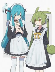 Rule 34 | 2girls, ?, animal ears, apron, aqua eyes, aqua hair, bell, belt, belt collar, black dress, bow, bowtie, collar, commentary request, corn kuten, crossover, dress, frilled apron, frilled dress, frills, green hair, hair between eyes, hatsune miku, long hair, long sleeves, looking at viewer, maid, maid headdress, multiple girls, neck bell, open mouth, red belt, small sweatdrop, thighhighs, translation request, twintails, very long hair, vocaloid, voicevox, white apron, white thighhighs, yellow bow, yellow bowtie, yellow eyes, zettai ryouiki, zundamon