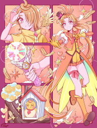 1boy artist_name bird birdhouse bracelet brooch coattails commentary cure_wing earrings feather_hair_ornament feathers frilled_shorts frills gloves grin hair_ornament hair_over_shoulder hat highres hirogaru_sky!_precure holding jacket jewelry layered_gloves leg_ribbon long_hair low_ponytail magical_boy male_focus mini_hat mini_top_hat multiple_views nail_polish orange_gloves orange_hair orange_jacket orange_shorts orange_vest ponytail precure puffy_short_sleeves puffy_sleeves red_eyes red_ribbon ribbon satowa_(circuit) shirt short_shorts short_sleeves shorts signature sky_mirage smile standing standing_on_one_leg top_hat tree very_long_hair vest wing_brooch yellow_shirt yuunagi_tsubasa yuunagi_tsubasa_(bird)