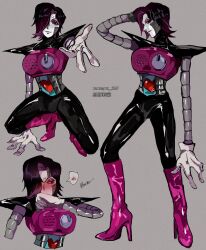 Rule 34 | 1boy, android, arm at side, arm behind head, arm support, arm up, averting eyes, black eyes, black hair, black pants, blush, boots, closed mouth, commentary request, covering own mouth, cropped torso, eyeshadow, fewer digits, film grain, foreshortening, full body, gloves, gradient hair, grey background, hair over one eye, hand on own chin, heart, high heel boots, high heels, highres, knee boots, knees apart feet together, latex pants, legs apart, long arms, looking at viewer, looking to the side, ma e zo, makeup, male focus, mechanical arms, mettaton, mettaton ex, multicolored hair, multiple views, no pupils, nose blush, one eye covered, pants, pink boots, pink eyeshadow, pink hair, profile, reaching, reaching towards viewer, short hair, simple background, smile, spoken blush, squatting, standing, translation request, twitter username, two-tone hair, undertale, white gloves