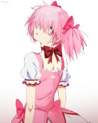 1girl absurdres axy_cang bad_anatomy bad_neck bow bowtie brown_background clothing_cutout dress dress_bow from_behind gradient_background hair_bow heart_cutout highres kaname_madoka kaname_madoka_(magical_girl) looking_at_viewer looking_back looking_to_the_side magical_girl mahou_shoujo_madoka_magica open_mouth pink_bow pink_dress pink_eyes pink_hair puffy_short_sleeves puffy_sleeves red_bow red_bowtie short_hair short_sleeves solo turning_head twintails white_background white_dress