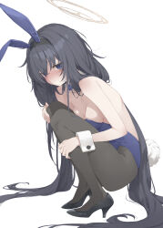 1girl alternate_costume animal_ears bare_shoulders black_hair black_pantyhose black_shoes blue_archive blue_bow blue_bowtie blue_eyes blush bow bowtie breasts brown_halo cleavage closed_mouth commentary_request fake_animal_ears fake_tail hair_spread_out halo highres kani_biimu leotard long_hair looking_at_viewer pantyhose playboy_bunny rabbit_ears rabbit_tail shoes small_breasts solo tail ui_(blue_archive) very_long_hair
