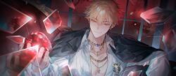 1boy absurdres apple badge black_hair black_jacket blonde_hair blue_gemstone broken_glass chain chain_necklace chair closed_mouth collarbone collared_shirt commentary earrings english_commentary food fruit gem glass glass_shards glint hair_between_eyes hand_up hata_(ohataa0) highres holding holding_food holding_fruit jacket jacket_on_shoulders jewelry long_sleeves looking_at_viewer male_focus multicolored_hair necklace official_alternate_costume open_clothes open_shirt orange_eyes pectoral_cleavage pectorals red_sky shards shiguang_dailiren shirt short_hair sitting sky smile solo twitter_username two-tone_hair upper_body white_shirt window xia_fei