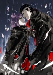 1boy 1girl akatsuki_(naruto) akatsuki_uniform black_hair clothes_grab konan_(naruto) looking_at_another naruto_(series) naruto_shippuuden paper purple_hair rain short_hair tockytacky39 uchiha_obito