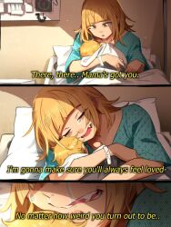 1girl 3koma absurdres alternate_costume alternate_universe baby bed blanket blonde_hair blunt_bangs boku_no_hero_academia carrying_baby carrying_person collarbone comic crying english_text fangs good_end highres holding hospital_bed hospital_gown indoors khyle. mother_and_baby mother_and_child orange_eyes pillow shirt short_hair slit_pupils sunlight tearing_up tears teeth toga_himiko tongue yellow_eyes