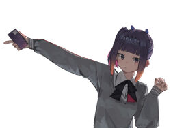 1girl black_ribbon blunt_bangs closed_mouth collared_shirt colored_inner_hair commentary diamond_hairband expressionless gradient_hair grey_sweater hand_up hashtag-only_commentary headpiece highres holding holding_phone hololive hololive_english imfa46 leaning_to_the_side light_blush looking_at_viewer medium_hair mole mole_under_eye multicolored_hair ninomae_ina&#039;nis ninomae_ina&#039;nis_(school_uniform) official_alternate_costume official_alternate_hairstyle orange_hair outstretched_arm phone pink_hair purple_eyes purple_hair ribbon school_uniform shirt side_ponytail sidelocks signature simple_background sleeves_past_wrists solo sweater tentacle_hair upper_body v-neck virtual_youtuber white_background white_shirt