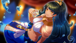 1girl 60mai ancient_egyptian ankh_earrings black_hair blue_skirt blurry blurry_background breasts closed_mouth earrings gold_collar hair_ornament indie_virtual_youtuber jewelry leila_mayadah lips long_hair ponytail ring skirt smile solo usekh_collar virtual_youtuber water yellow_eyes