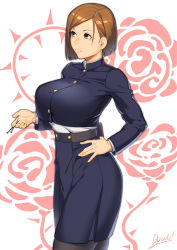 1girl absurdres blue_jacket blue_skirt bob_cut breasts brown_eyes brown_hair closed_mouth crop_top crop_top_overhang cropped_jacket dyun female_focus floral_background grey_pantyhose hand_on_own_hip high-waist_skirt highres holding huge_breasts jacket jujutsu_kaisen kugisaki_nobara medium_hair nail_(hardware) pantyhose pink_background shirt signature skirt solo standing white_shirt