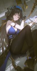 Rule 34 | 1girl, arm strap, beret, black eyes, black hair, black pantyhose, blender (medium), blue hat, breasts, chain, chain leash, chained, chained legs, chained wrists, cleavage, closed mouth, commentary request, hat, highres, large breasts, leash, long hair, looking at viewer, making-of available, pantyhose, solo, torn clothes, torn pantyhose, very long hair, wuthering waves, yangyang (wuthering waves)