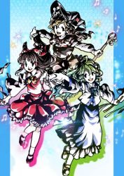 3girls ascot bare_shoulders barefoot black_eyes blonde_hair bow brown_eyes brown_hair detached_sleeves green_hair hair_bow hair_tubes hakurei_reimu haraegushi hat hat_bow kirigami kirisame_marisa kochiya_sanae multiple_girls musical_note oonusa open_mouth touhou tsubameyado undefined_fantastic_object witch_hat