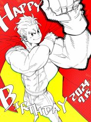 Rule 34 | 1boy, abs, angry, ben-day dots, biceps, bodysuit, boku no hero academia, cape, commentary, dated, english commentary, gloves, hand on own shoulder, happy birthday, highres, looking at viewer, mabataki, male focus, muscular, muscular male, red cape, screentones, smile, superhero costume, symbol-only commentary, togata mirio, yellow background