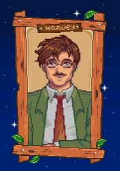 Rule 34 | 1boy, black-framed eyewear, blue sky, brown eyes, brown hair, brown necktie, character name, closed mouth, collared shirt, commentary, english commentary, facial hair, formal clothes, glasses, green jacket, harvey (stardew valley), highres, jacket, leaf, long sleeves, looking at viewer, male focus, mimpish, mustache, necktie, picture frame, pixel art, portrait, shirt, short hair, sky, smile, solo, star (sky), stardew valley, starry sky, suit, white shirt