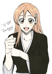 Rule 34 | 1girl, absurdres, bleach, breasts, cleavage, collarbone, highres, inoue orihime, large breasts, long hair, looking at viewer, n (nauki 11), orange hair, smile, solo