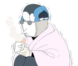 2boys alaeloga106 ant_tenna black_pants cup deltarune gloves highres holding holding_cup korean_commentary lancer_(deltarune) male_focus multiple_boys object_head on_head pants person_on_head pointy_nose simple_background sitting size_difference steam tongue tongue_out trembling white_background white_gloves wrapped_in_blanket