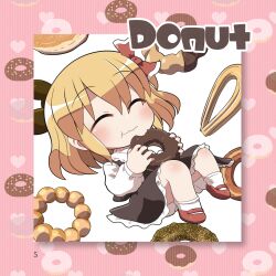 1girl :t ^_^ black_skirt black_vest blonde_hair blush border closed_eyes closed_mouth collared_shirt commentary_request donut eating food food-themed_background food_name frilled_skirt frills full_body hair_ribbon highres holding holding_donut holding_food long_sleeves page_number pink_border red_ribbon red_shoes ribbon rokugou_daisuke rumia shirt shoes short_hair skirt skirt_set smile socks solo striped_border touhou vest white_background white_shirt white_socks