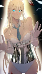 1girl absurdres animal_ears bare_shoulders blonde_hair blood blood_on_clothes blue_eyes blue_necktie blunt_bangs collar detached_collar ecomoesty elbow_gloves fake_animal_ears gloves highres leotard long_hair looking_at_viewer mechabare necktie original playboy_bunny rabbit_ears white_collar white_gloves