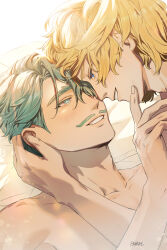 2boys absurdres blonde_hair blue_eyes blush challia_bull char_aznable face-to-face facial_hair green_eyes green_hair gundam gundam_gquuuuuux hair_over_one_eye highres looking_at_another male_focus multiple_boys mustache open_mouth pnkripl short_hair smile topless_male yaoi