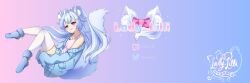 1girl animal_ears banner boots camisole coat fox_ears fox_girl fox_tail indie_virtual_youtuber jacket lady_lilli lolita_fashion open_clothes open_coat purple_eyes rubber_boots socks sweater_jacket tail thighhighs virtual_youtuber white_hair white_socks zettai_ryouiki